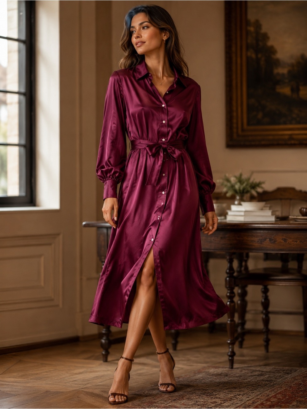 Flattering Long Sleeve Tie Waist Midi Satin Shirt Dress Pockets